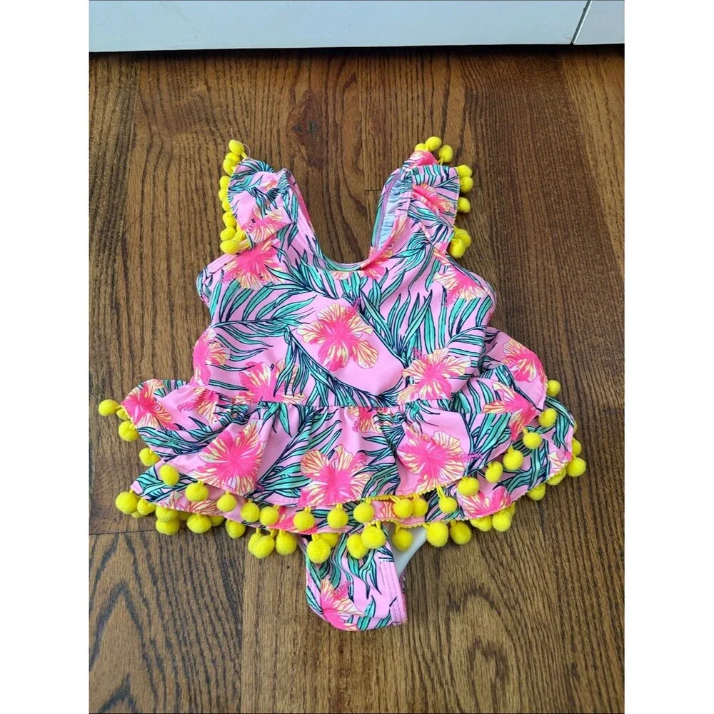Nicole Miller Pink Tropical Floral Baby Swimsuit with Yellow Pom Trim Size 18M